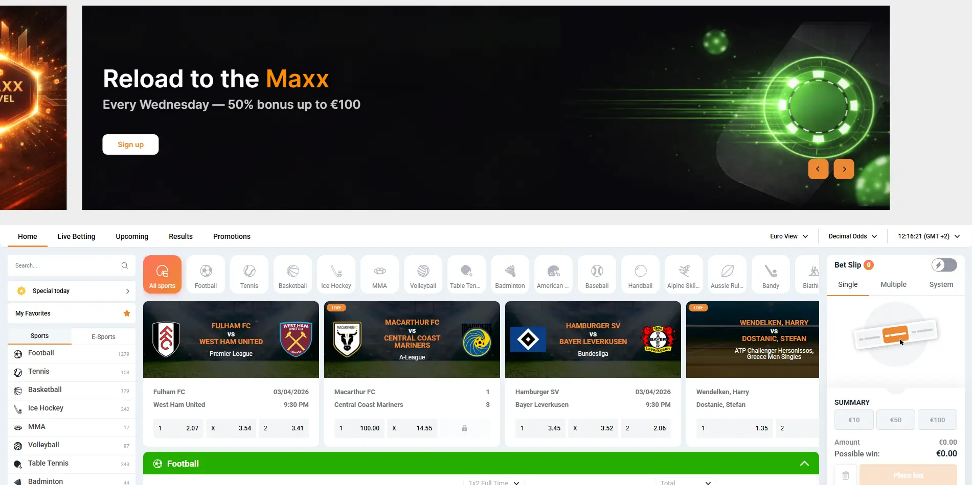 Maxxwin vedonlyöntisivu live-otteluilla, kertoimilla ja urheilulajeilla